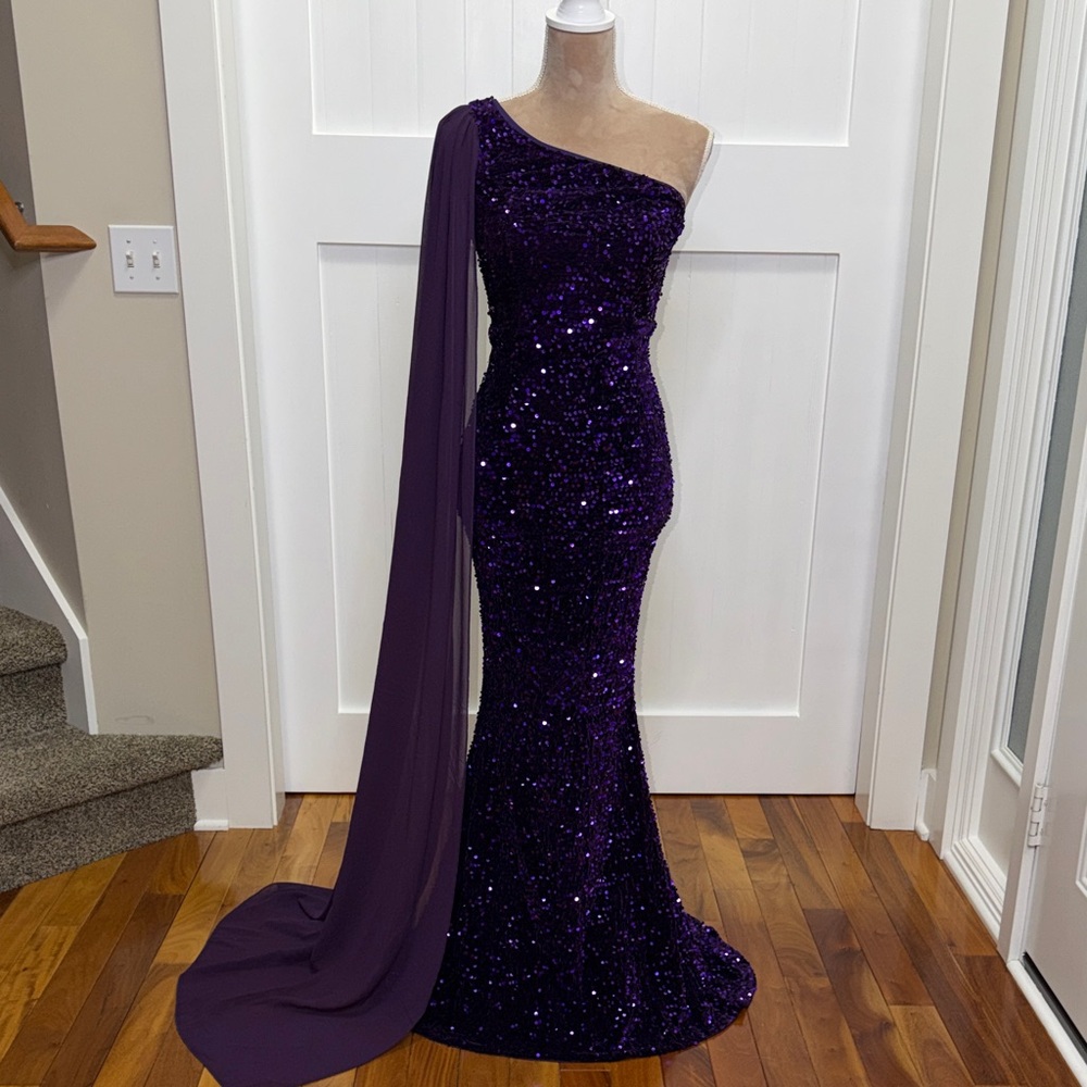 Faeriesty Elegant Deep Purple One Shoulder Sequin Women’s Dress Size XS NWT